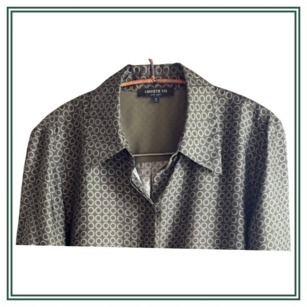 Lafayette 148 Long Sleeve Olive Green Geometric Print Button down Silk Blouse M